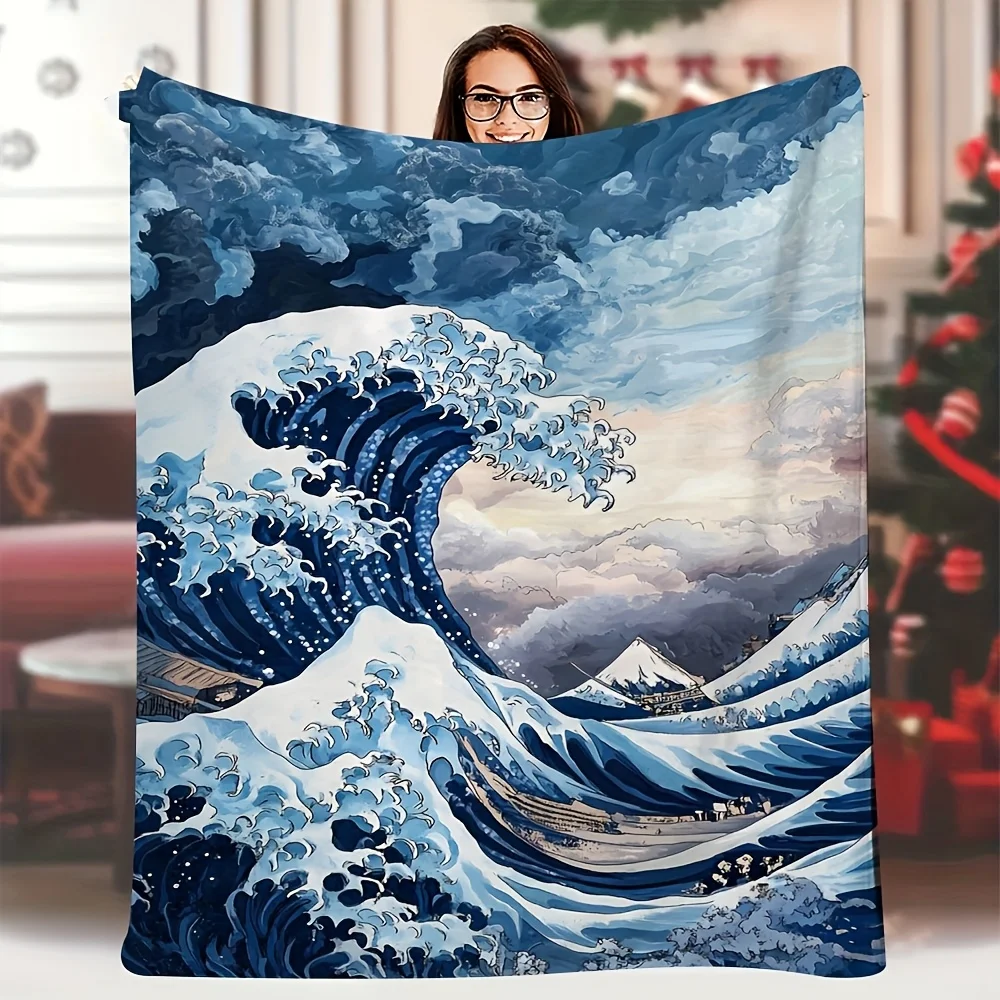 Ukiyo‑e Throw Blanket Classic Sea Wave Fuji Mountain Art Print Soft Flannel for Kids Room Sofa Lap Oriental Theme Decor Gift