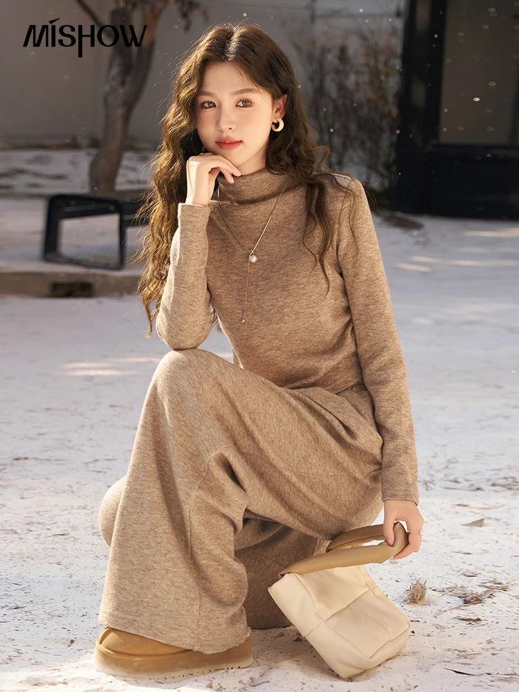 MISHOW Casual 2 Piece Sets Pant Women Outfit 2024 Autumn Winter Mock Neck Knit T Shirt Top Baggy Wide Leg Pants Set MXD11T0187