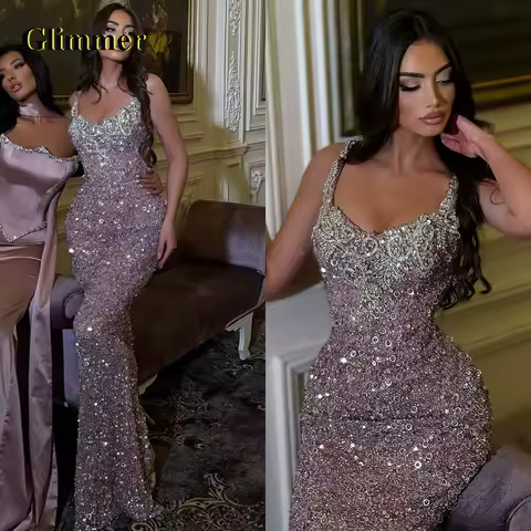 Glimmer Saprkly Spaghetti Straps Women's Evening Dress with Rhinestones Trumpet Sequined Sweetheart Robes De Soiree Customized