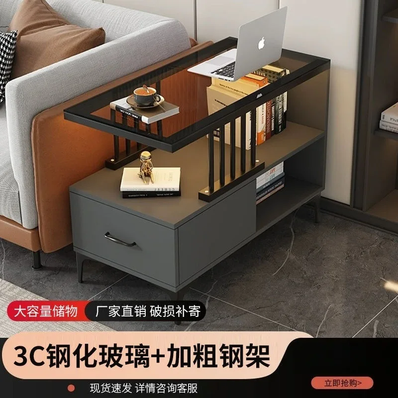

Sofa side cabinet glass edge corner living room light luxury modern simple mobile small coffee table side table locker
