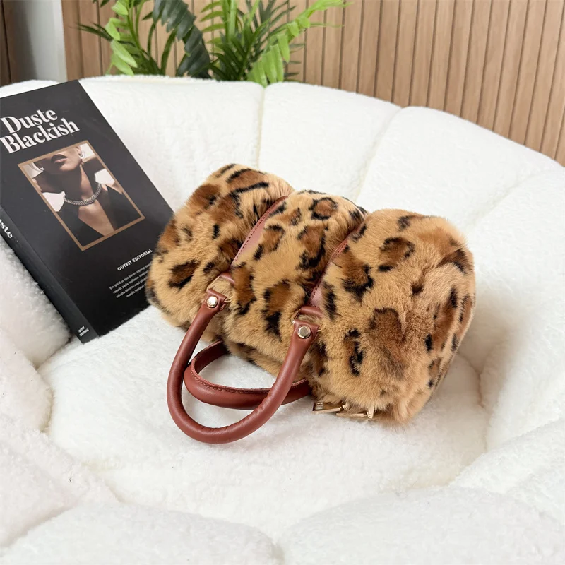 

New Fashionable Leopard Print Soft Plush Bags for Woman Handbag Korean Style Solid Color Women's Shoulder Bag Luxury Fur Bag