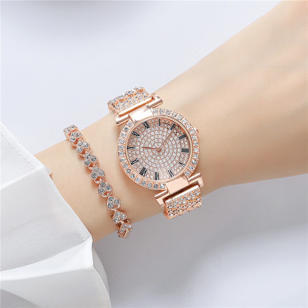 Jam Tangan Kuarsa Wanita Modis Jam Tangan Wanita Bermerek Mewah Langit Berbintang Penuh dengan Berlian Jam Tangan Tali Baja Tahan Karat Mawar Emas