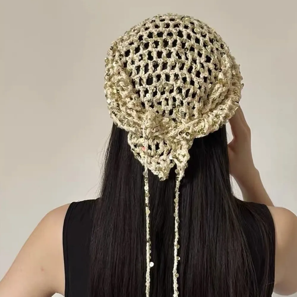 

Elegant Sequined Triangular Scarf Bohemian Exotic Hollow Shawl Cloak Wraps Crochet Headscarf Summer