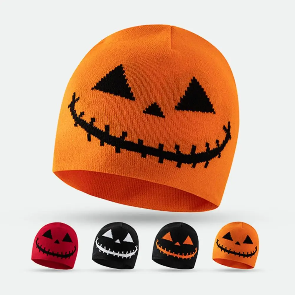 

Knitting Beanies Hat Halloween Beanie Hat Spooky Pumpkin Ghost Face Jacquard Pattern Wool Men Women Windproof Warm Festive Hat