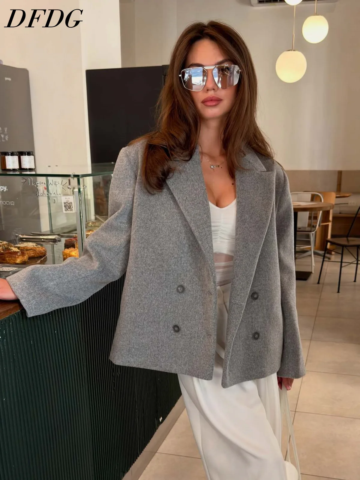 DFDG Women 2026 Double Breasted Blazer Coat Notched Lapel Loose Short Wool Blend Elegant Office Casual Winter Outerwear Coat