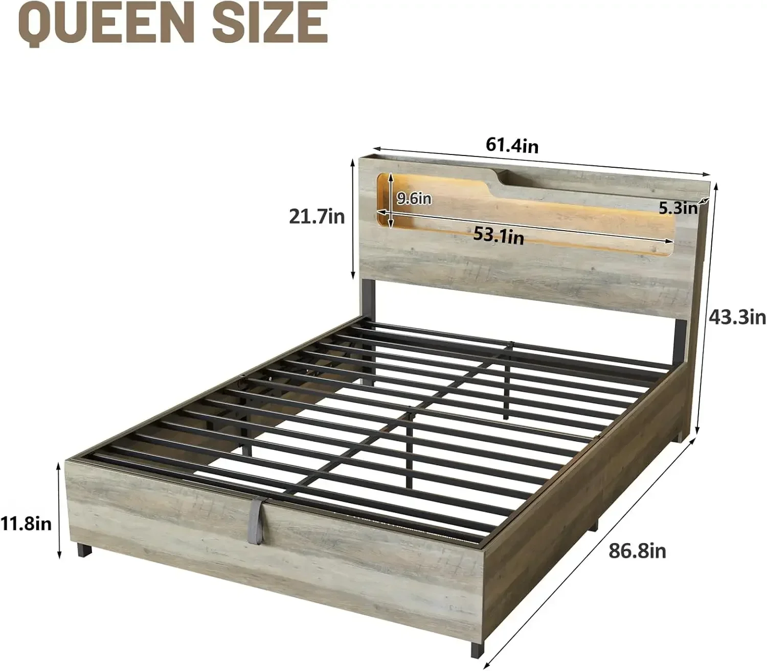 [Begrenztes Malangebot + kostenloser Versand! ]Queen-Size-Bettgestell mit hochklappbarer Stauraum und Ladestation, 2-stufiger Kopfteil