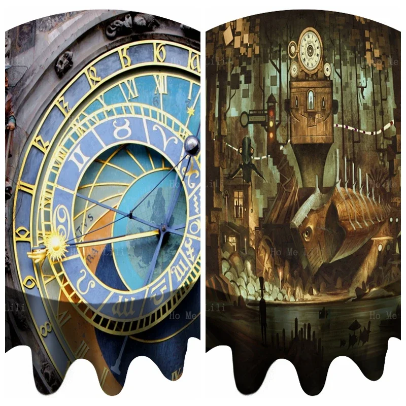 Medieval Prague Astronomical Clock And Steampunk Mechanical Watch Digital Round Tablecloth By Ho Me Lili Table Decor