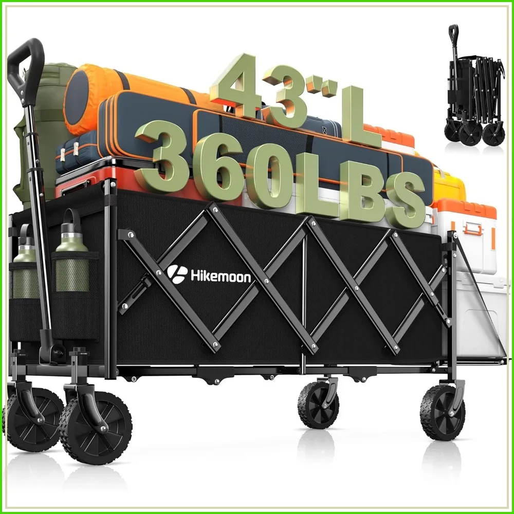 43" Extra Long Collapsible Wagon, 360LBS Heavy Duty, Portable Folding Utility Cart with Extended Tailgate for Grocery, Beach, Camping, Black