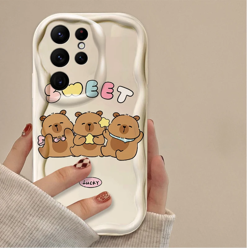 Cartoon Lovely Capybara 3D Wave Phone Case for Samsung Galaxy S25 S24 Ultra S23 S22 S21 S20 Plus FE A56 A36 A26 Shockproof Cover