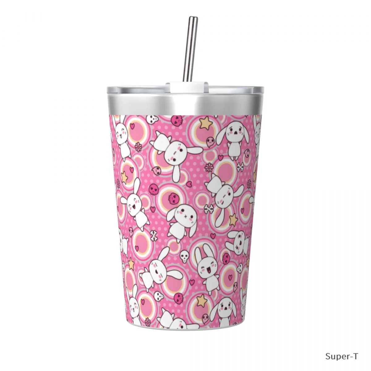 Doodle Kawaii Cup with Straw Thermos Bottle Coffee Stainless Steel Double-layer Insulation Cold And Hot Travel Mug Vacuum Flask