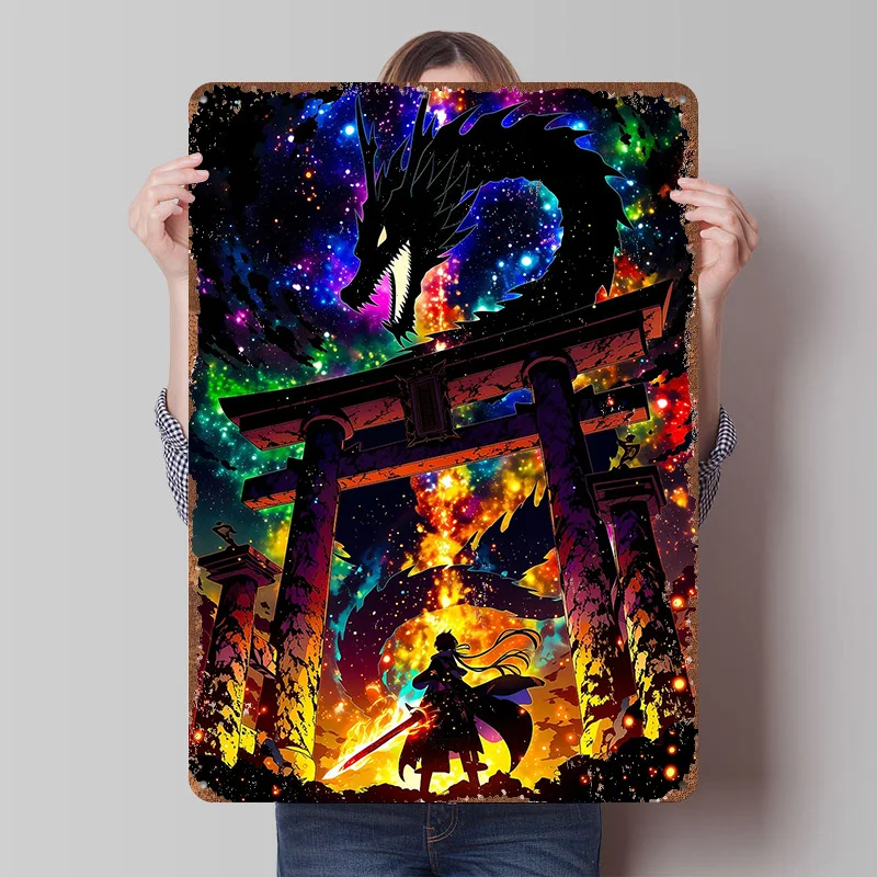 Drachen über Torii-Tor, bedrucktes Poster, individuell gestaltete Retro-Wandkunst, Vintage-Metallblechschilder zur Dekoration, Heimdekoration, Hausdekoration