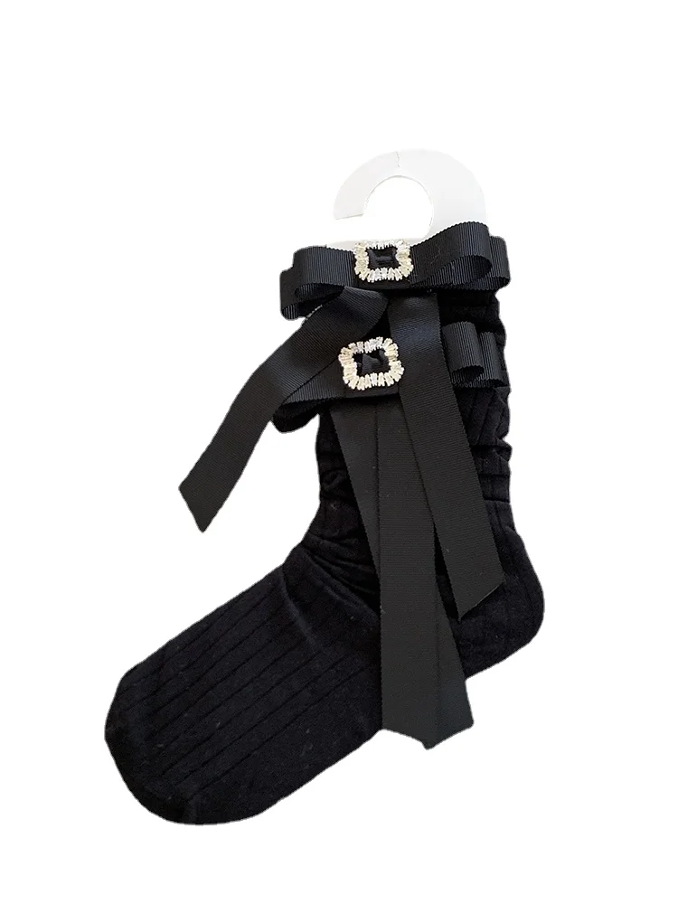 Three-Dimensional Square Rhinestone Bow Socks Autumn and Winter Vertical Stripes with Slimmer Look Design Black Mid-Calf Length