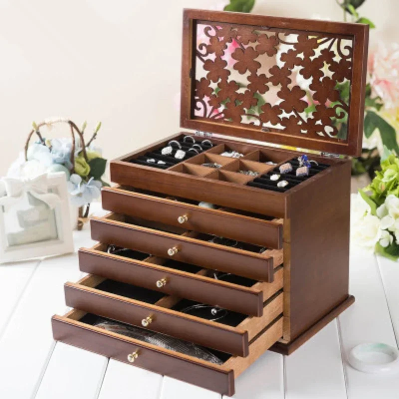 Large Wood Jewelry Box Organizer Case Display Ring Necklace Drawer Jewelry Storage Boxes Women Bracelet Earrings Tray Accessory