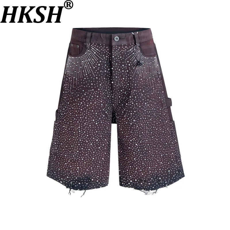 

Мужские джинсовые шорты HKSH Spring Summer с эффектом потертости и стразами, модные, в стиле Ins, с эффектом «кошачьих усов», женские ретро-капри для уличной моды HK19257
