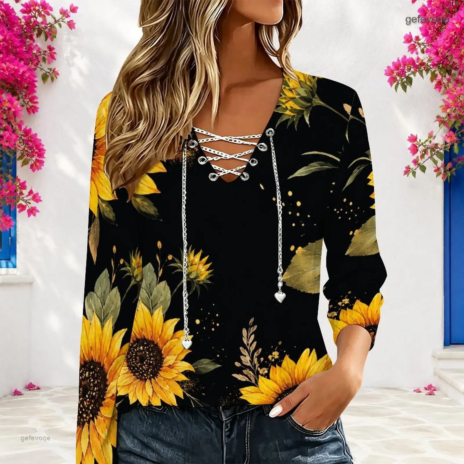Women Sunflower Printed Long Sleeve V Neck Chain Lace Up Casual Top