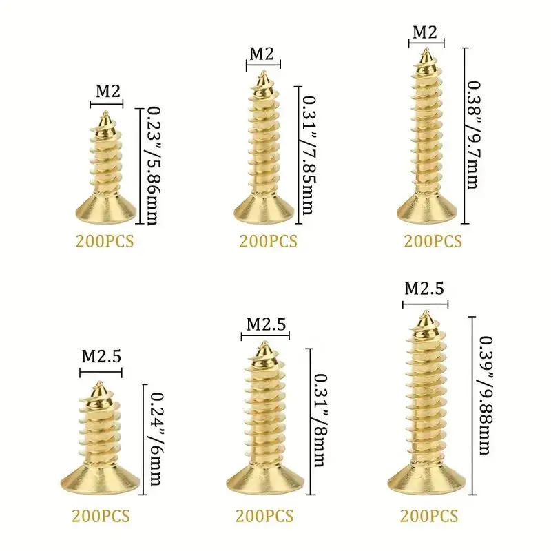 1200pcs Small Hinge Wood Screws M2 M2.5 Tiny Flat Head Screws Assortment 5mm 6mm 7mm 8mm 10mm Micro Brass Self Tapping Screws Wi