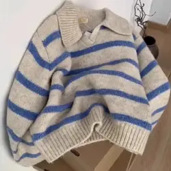 Autumn Winter Blue Stripe Sweater Pullover for Women Casual Turn-Down Collar Long Sleeve Knit Tops Lady Falls Fashion Knitwear
