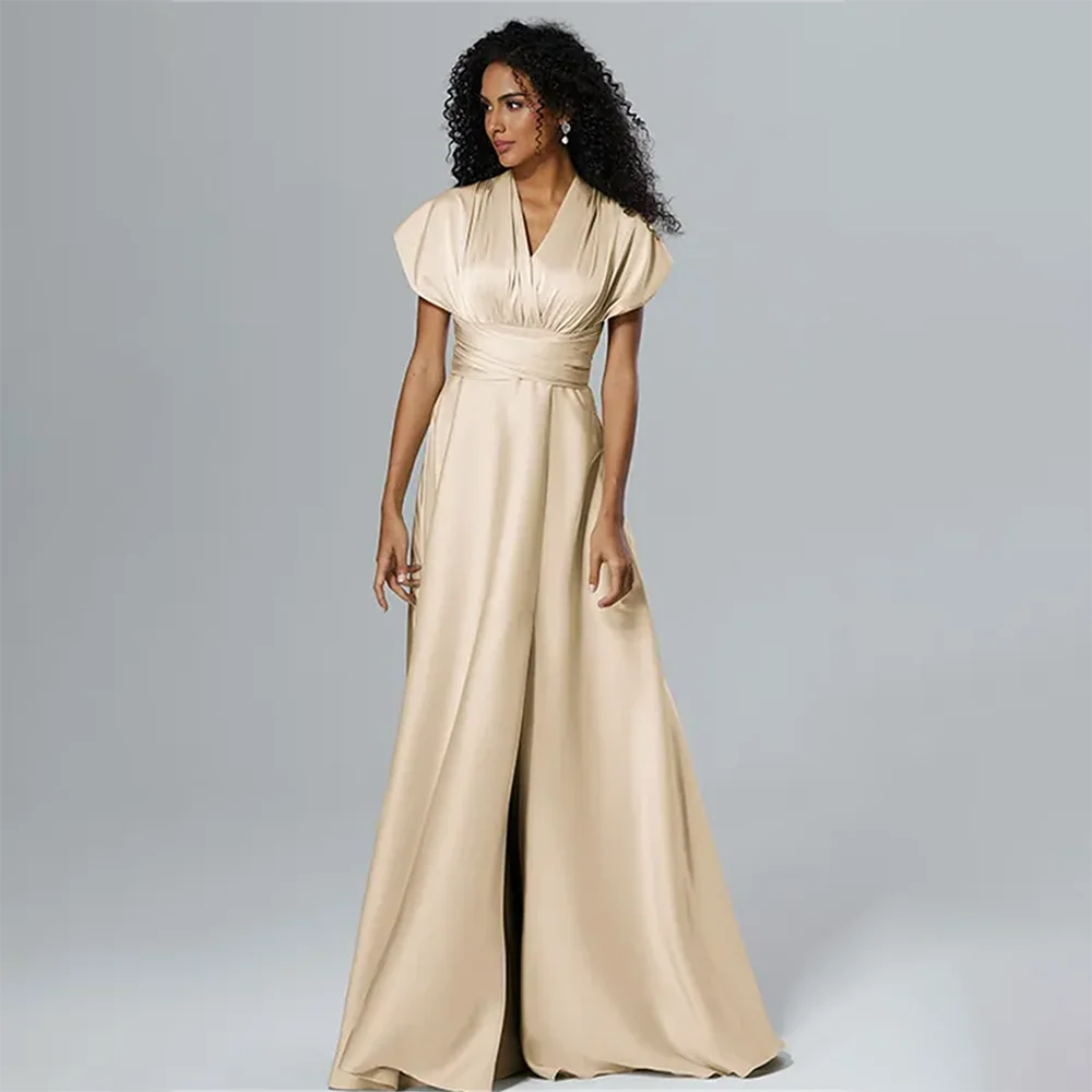 

Elegant Evening Dresses V Neck Short Sleeve Pleated A Line Dress Prom Dresses Formal Party Gowns فساتين سهرة