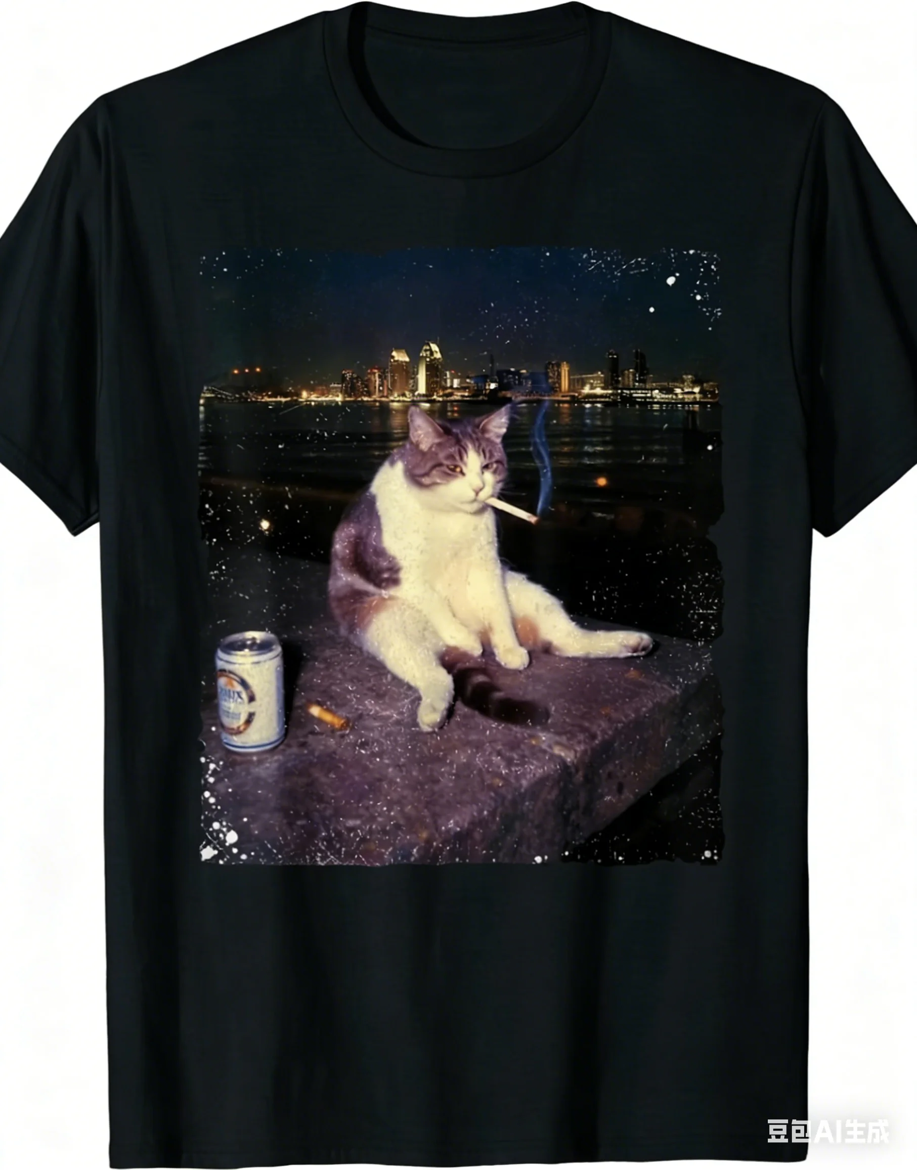 Men's New Funny Smoking Cat Pattern T-Shirt Pure Cotton and Breathable Streetwear Oversized Loose Casual Crew Neck Short Sleeve