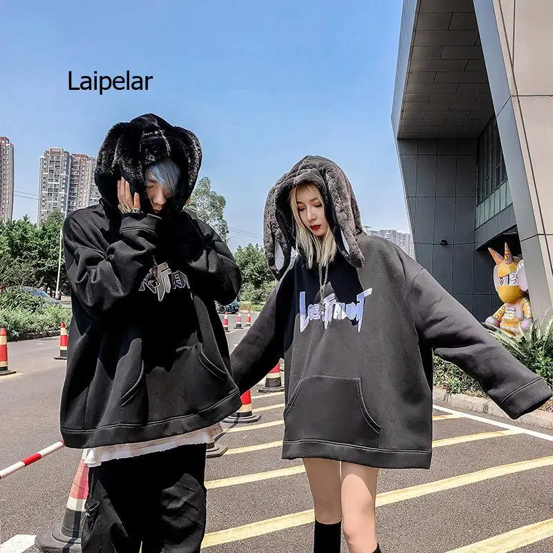 Gothic Harajuku Style Couple Hoodie Sweet Cute Rabbit Ear Pullover Fashio Loose Slim Kawaii Jakcet Black Animal Coat goth Autumn