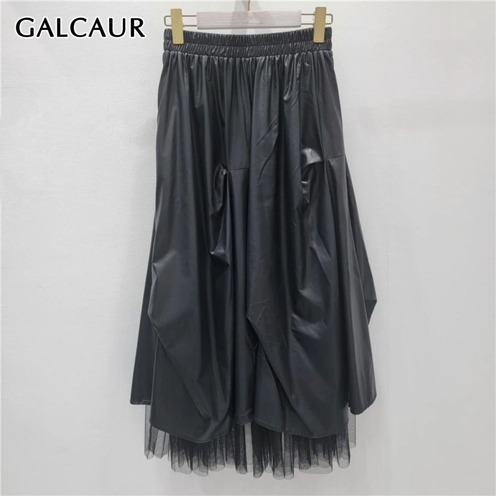 

GALCAUR Solid Spliced Mesh Chic Skirt Female High Waist Loose Patchwork Folds Cool Women's Long Skirts Autumn Style Fashion New