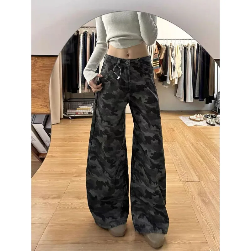 

Retro Leisure High Waist Loose Fit Camouflage Jeans Women's Fashion Straight Leg Workwear Wide Leg Pants Casual Women Pants