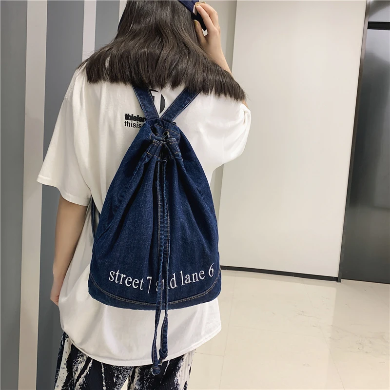 Denim Women's Backpack 2022 Trend String Back Bag Fashion College School Bags Casual Packbags for Teenage Travel Jeans Rucksack