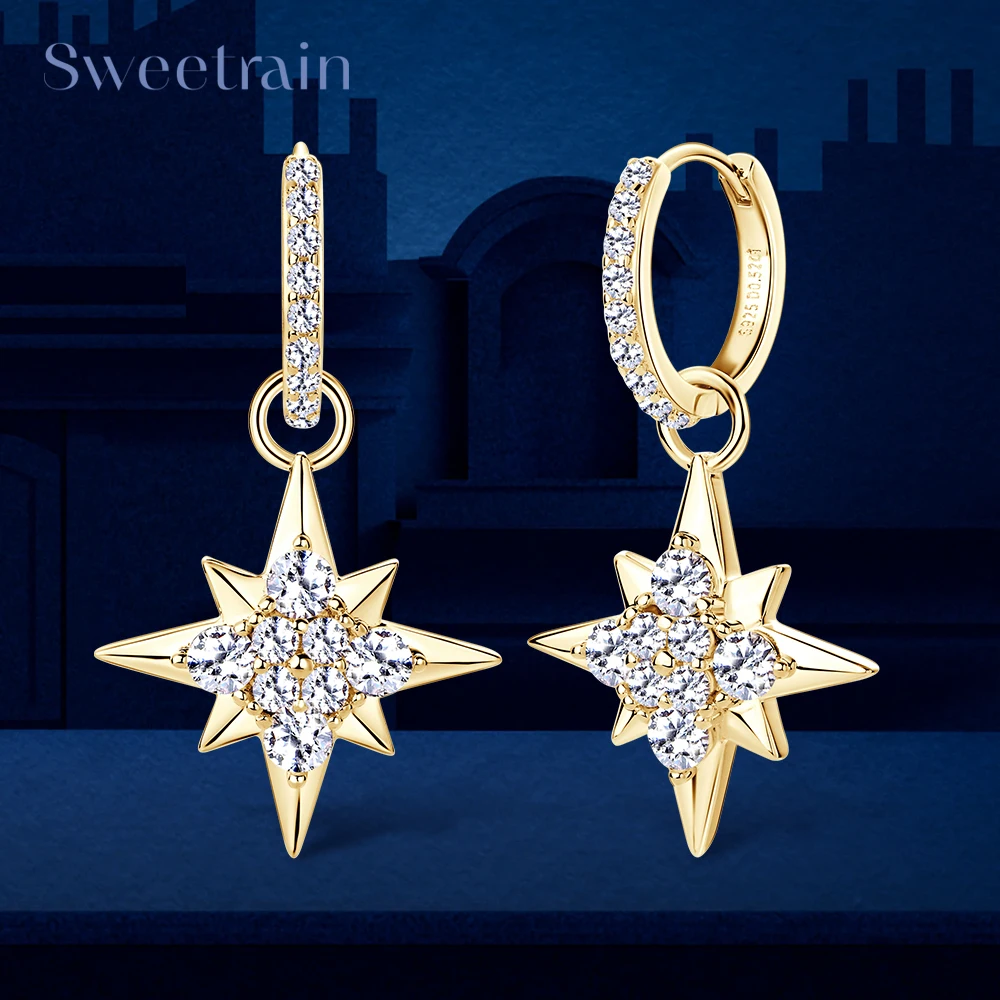 

Sweetrain Real Moissanite Hoop Earrings S925 Sterling Silver Plated 18k Gold Star Drop Earrings for Women Piercing Jewelry Gifts