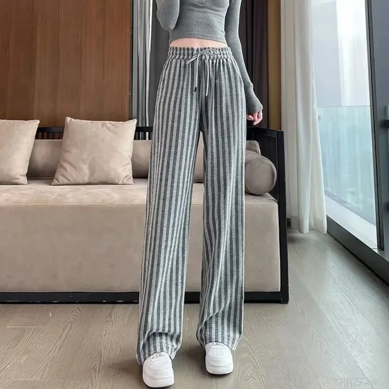 Euryscelia Female Summertime Streak Fallow Droop Loose Look Slimmer Straight Barrel Pajama Pants Large Size Ice Silk Pants