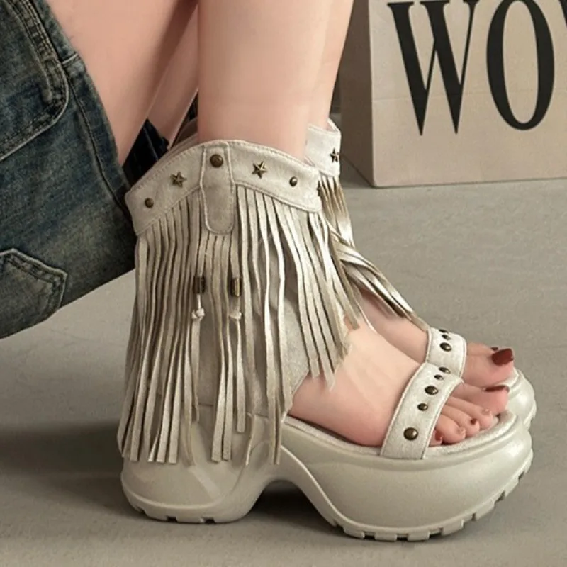 Botas de Mujer de Diseño de Marca, Sandalias de Mujer con Remaches Gruesos, Botas de Mujer con Borlas a la Moda, Sandalias de Mujer Clásicas Bohemia, Botas Para Mujer