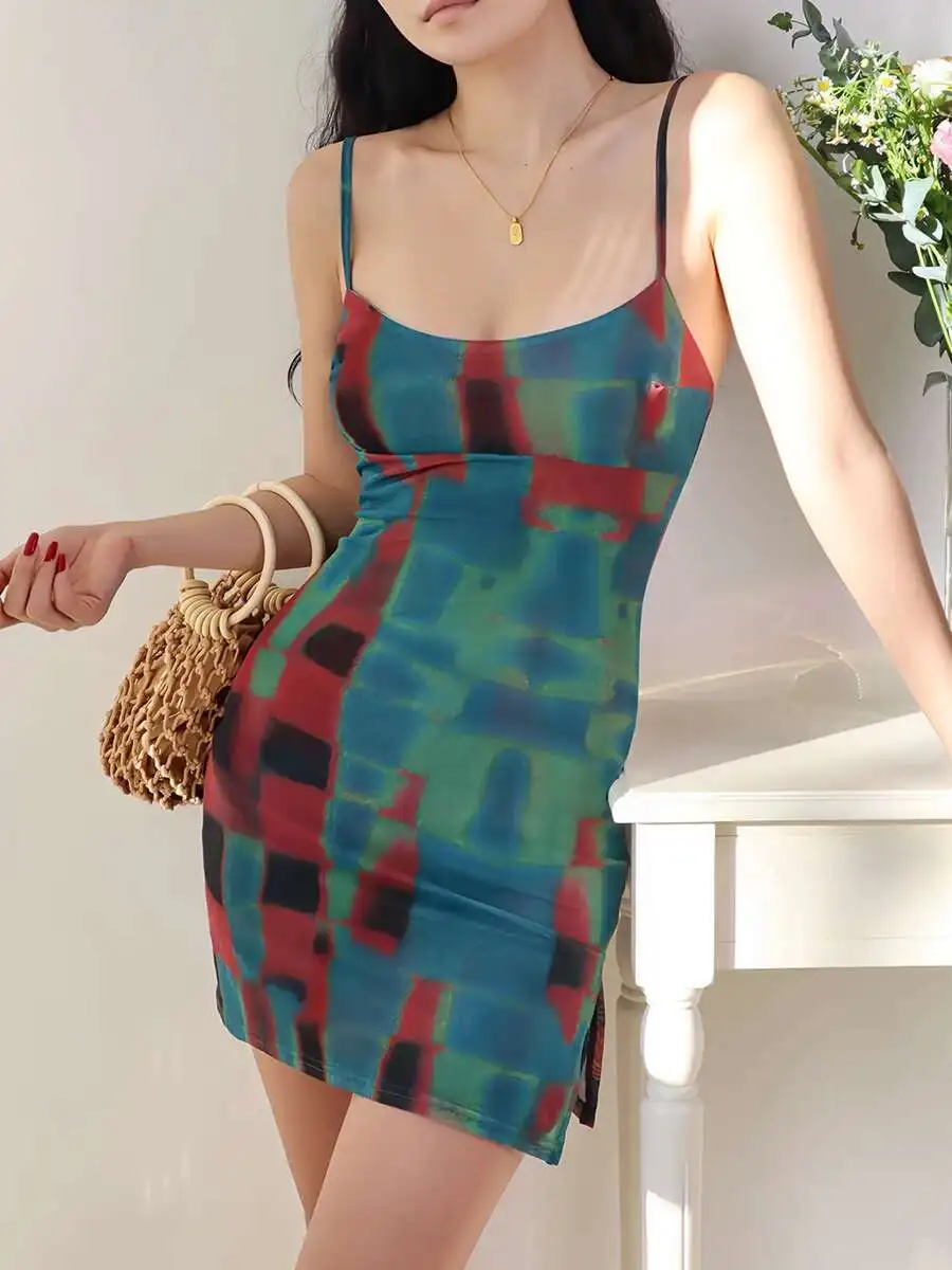 Novo 2024 verão doce dupla camada grade impressa estilingue vestido estilo europeu americano alta malha elástica magro vestido curto qhgs