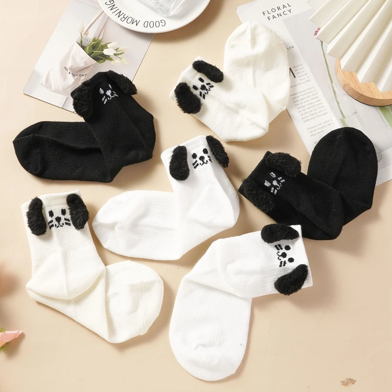 

4 пары женских носков с объемным изображением маленьких собак, весенне-осенние носки средней длины, модные повседневные носки с мультяшными животными на все сезоны