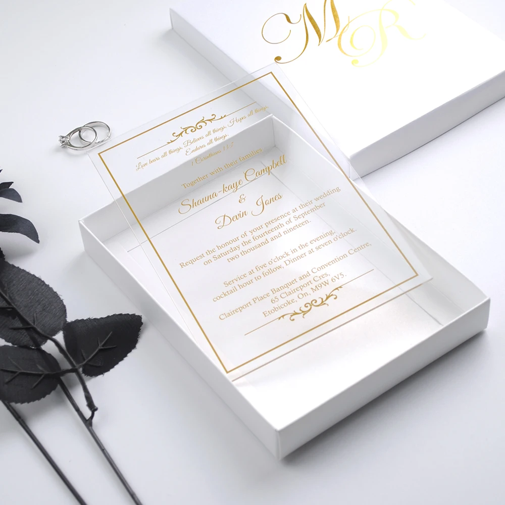 30pcs Favor Design Gold Foil Printed Clear Acrylic Wedding Invitation Card And Box(Logo on the Box Need Extra Cost)