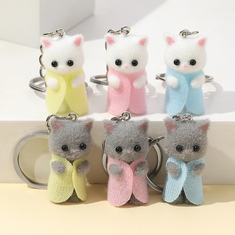 

Cute 3D Flocking Cat Keychain Cute Cartoon Plush Cat Keyring Bag Pendant Decoration Backpack Charm Key Holder Accessories