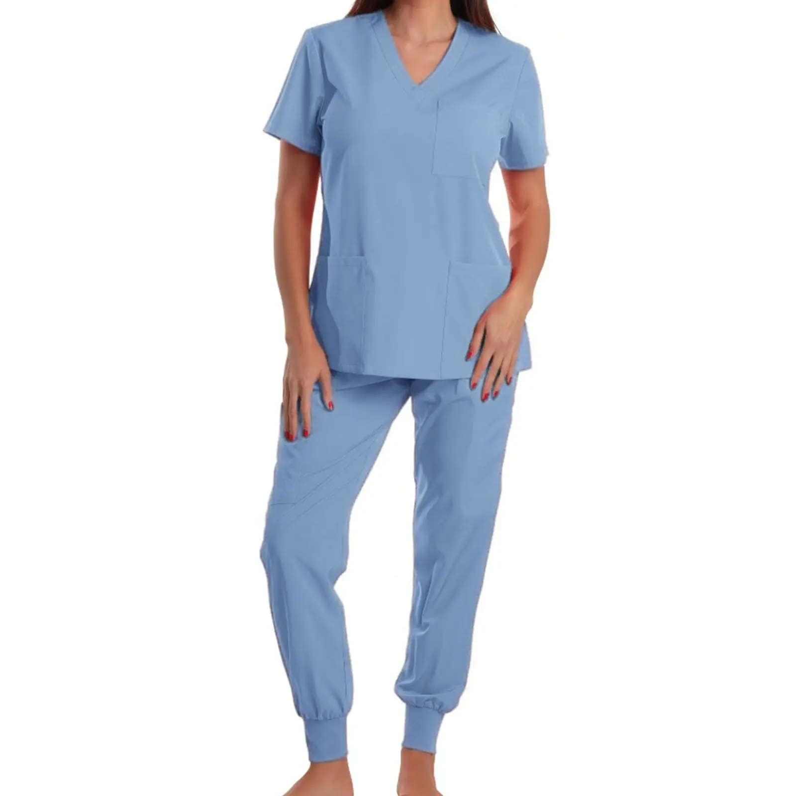 Women's Nurse Scrub Set V-Neck Short Sleeve Multi-Color Jogger Pants Multi-Pocket Medical Uniform Healthcare Workwear