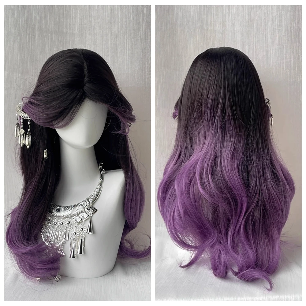 

Long Wavy With Center Part Bangs Part Ash Purple Ombre Purple Lolita Wig for Women Daily Party Layered Body Wavy Hair Wigs