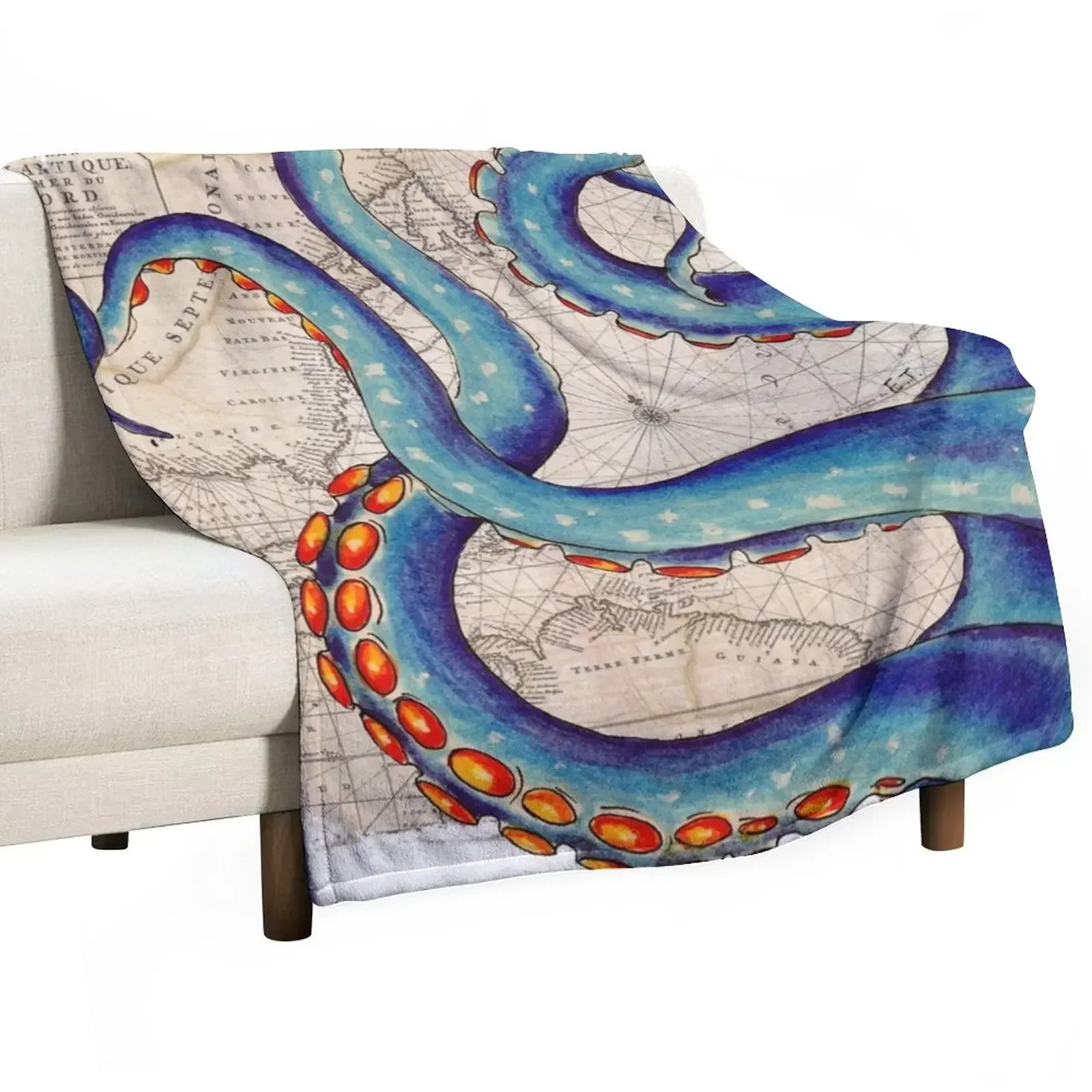 Tentacles Vintage Map Octopus Kraken Shabby Chic Beach Throw Blanket decorative blankets and throws blankets ands Blankets