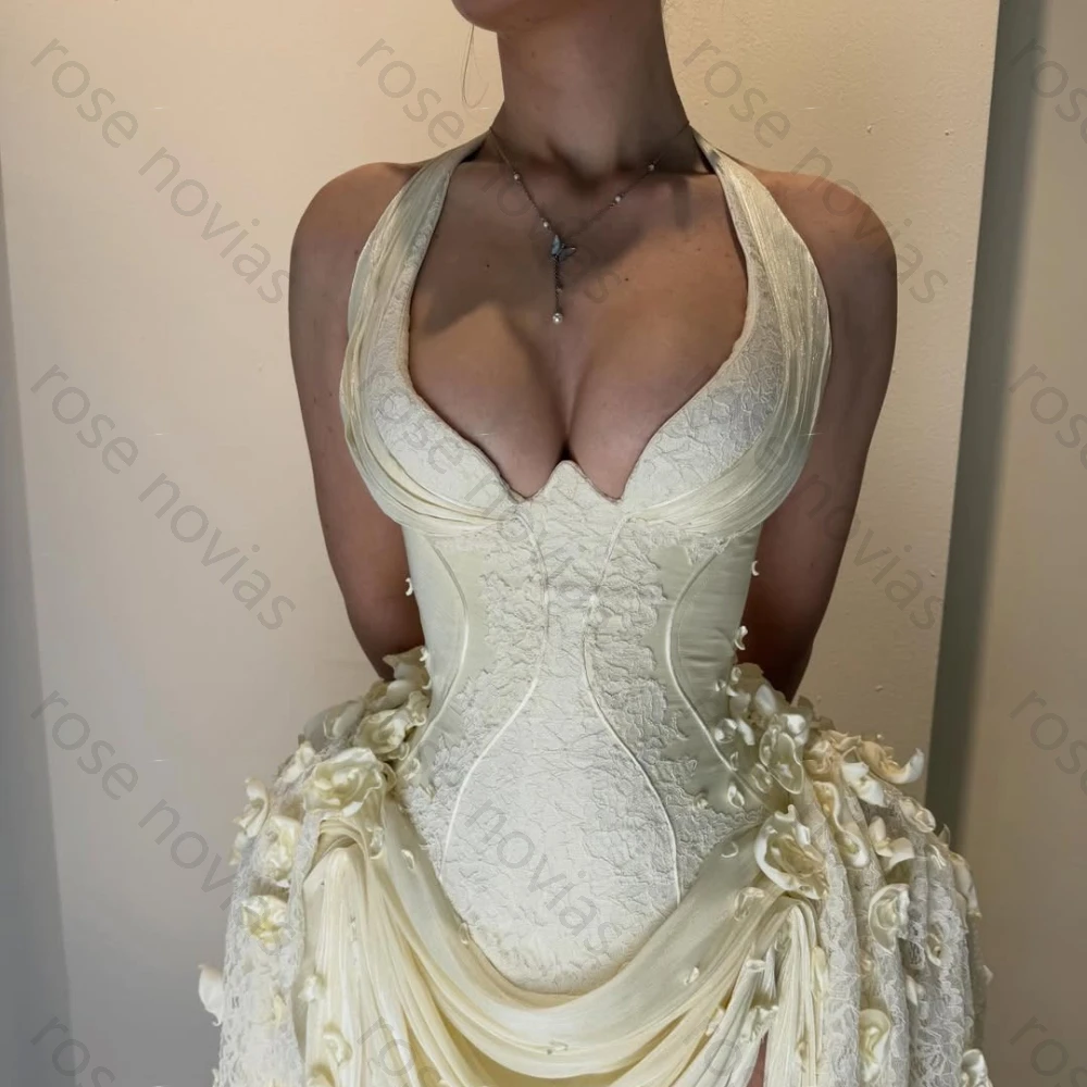 Customized Ivory Halter Neck Corset 3D Flower High Low Evening Dress for Women 2026 Elegant Formal Prom Party Gown image 4