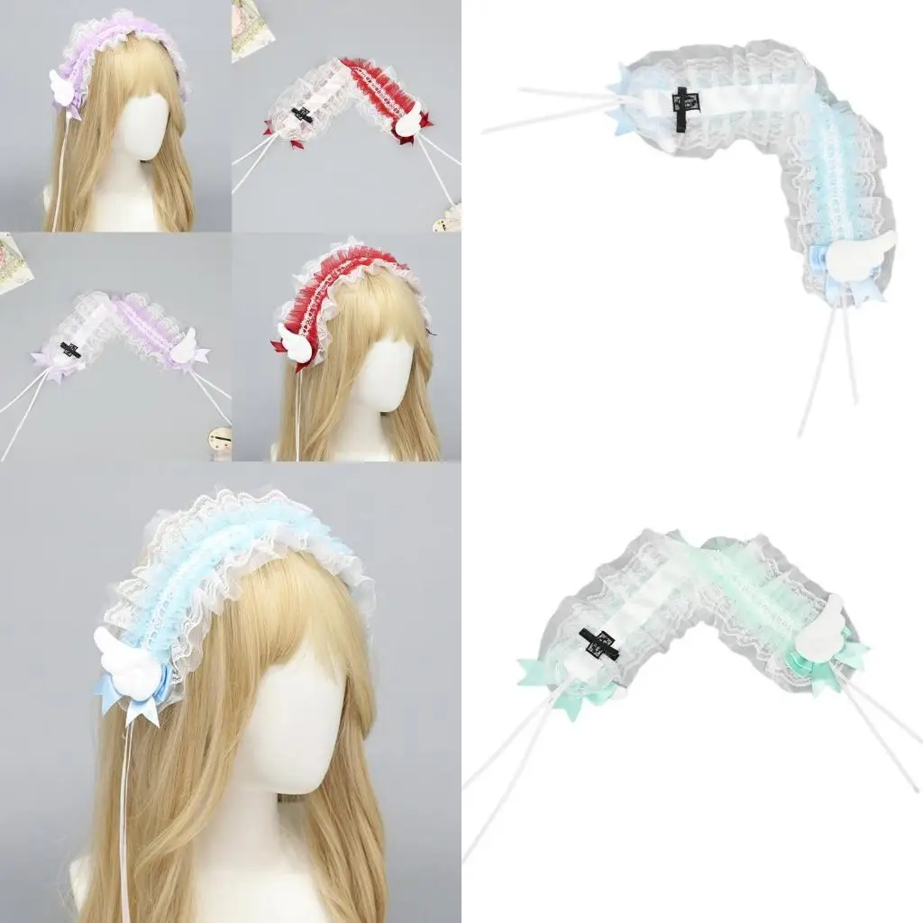 

39BB Girl Ruffled Ribbon Headwear Gothic Bows Lace Trim Subculture Headbands Maid Flouncing Wing Hair Ornaments