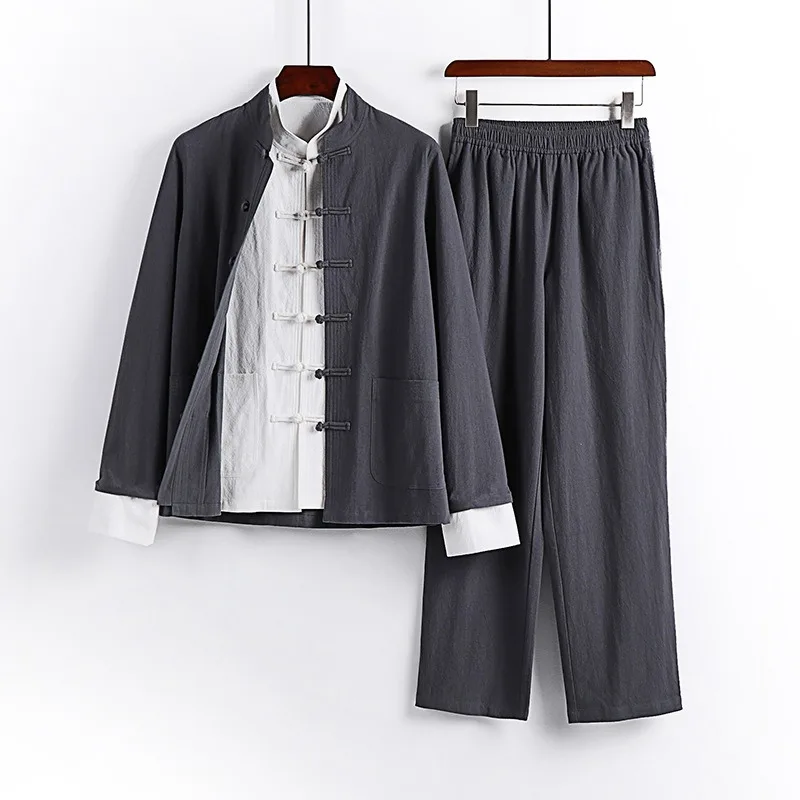 Tang Suit Men's Set Spring Cotton Linen Long-sleeved Youth Zhongshan Suit Chinese Men's Clothing Chinese-style Hanfu Large Size