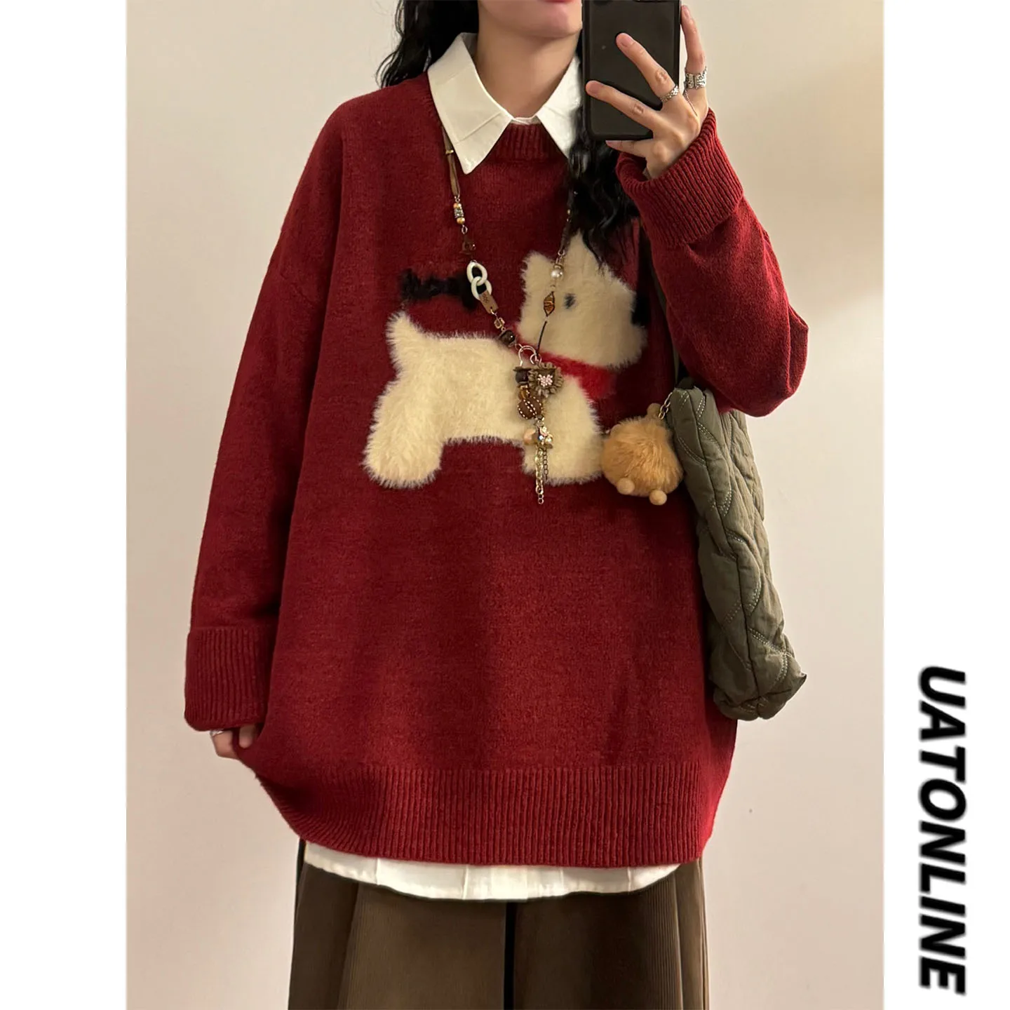 

UATONLINE Осенне-зимний женский свитер в американском ретро-стиле, вязаный, свободный, повседневный, с круглым вырезом, с длинными рукавами, в уличном стиле