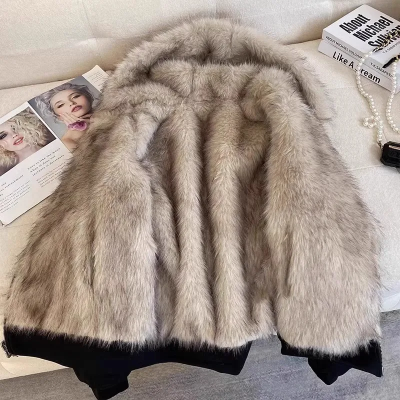 アメリカンレトロフード付きぬいぐるみジャケット女性のための秋冬パッチワークジッパーアウターファッション長袖ルーズコットンコート