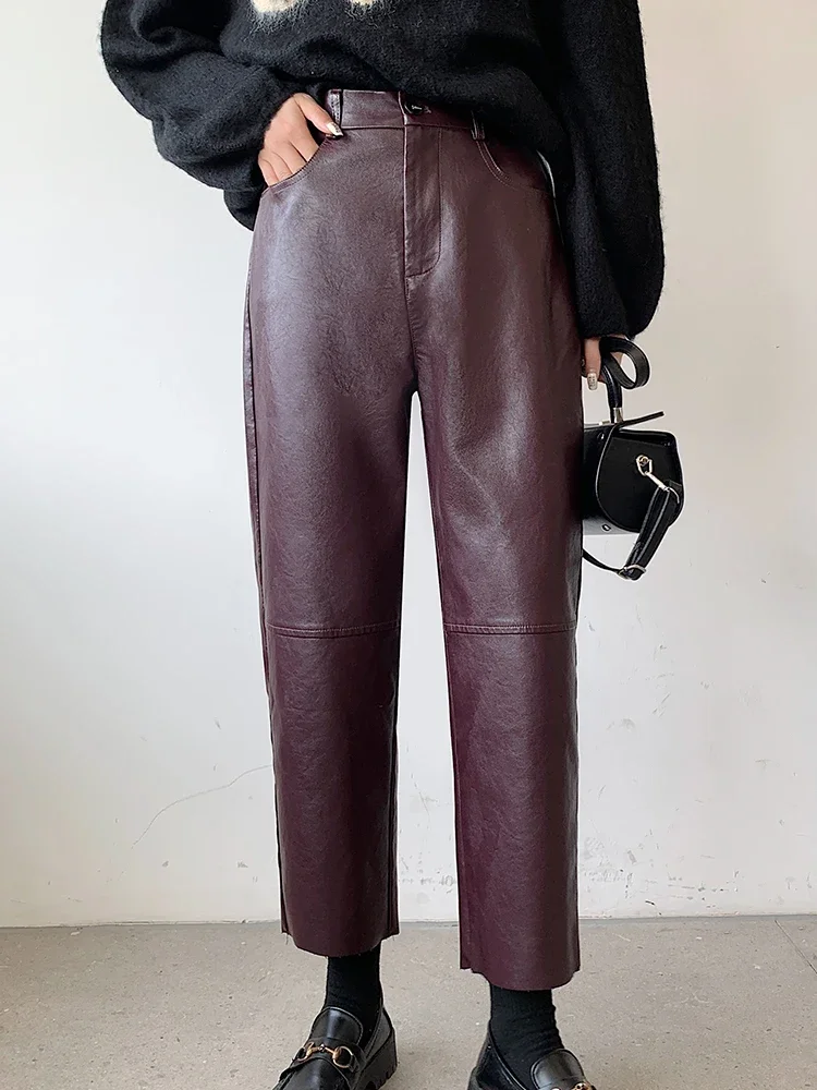 

Fall Winter PU Leather Pants Women Elegant High Waist Pockets Faux Leather Harem Pant Female Back Elastic Waist Trousers Z254