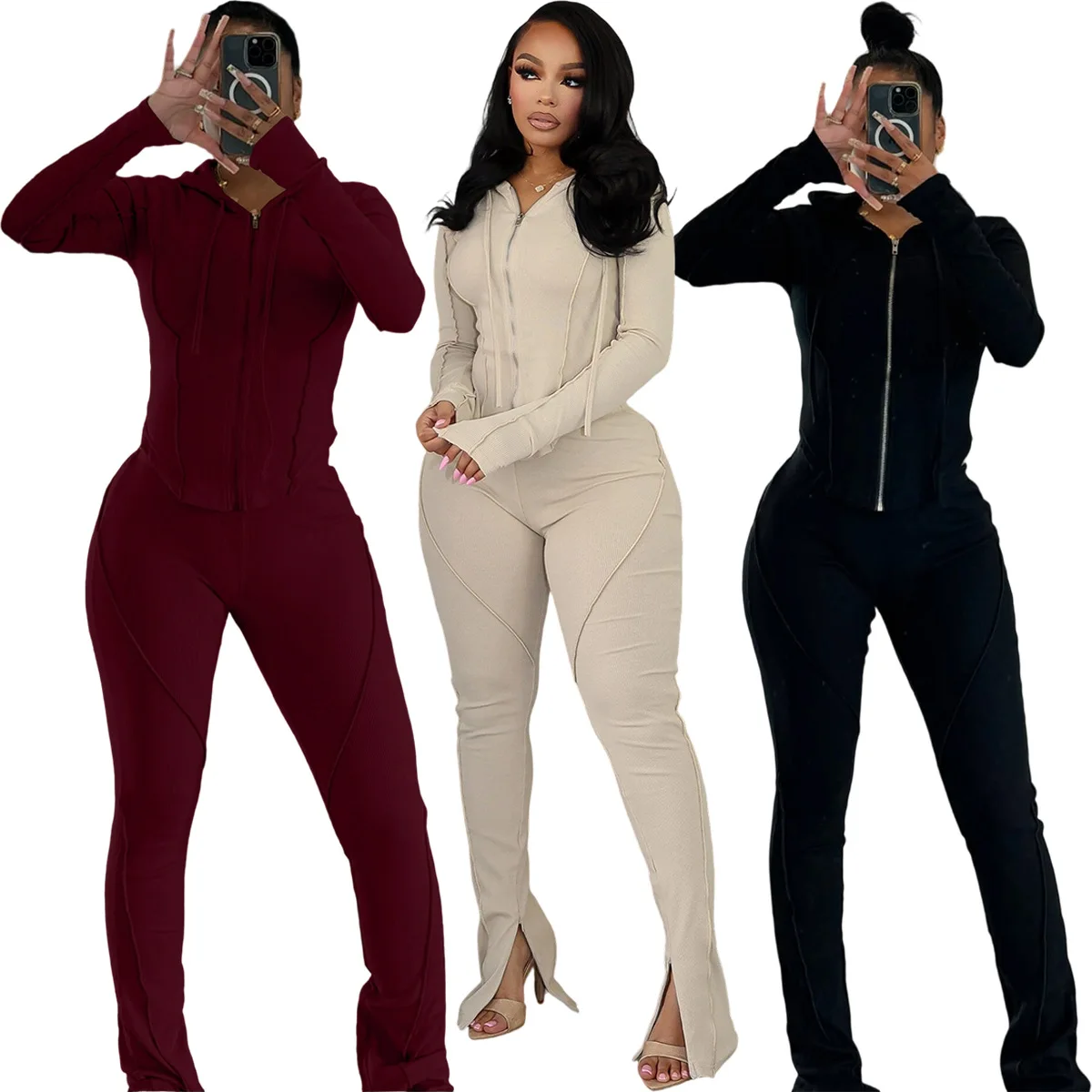 

EINY Sporty Stretch Women Tracksuit 2 Piece Set Full Sleeve Patchwork Hooded Zip Jacket+Pants Matching Casual Street Suits TRAF