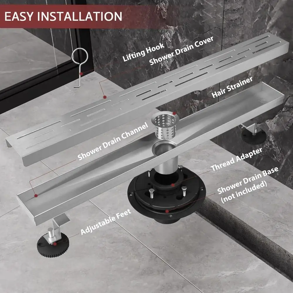 48 Brushed Nickel Linear Shower Drain with Removable Grate, 304 Stainless Steel, Easy Install & Clean for Bathrooms (Base Not In