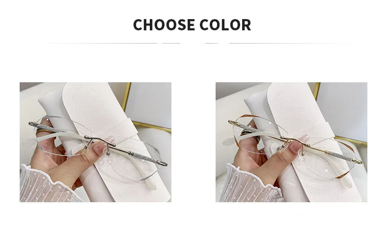 2025, neue Damen-Lesebrille, hochwertig, randlos, blockiert blaues Licht, Farbverlauf, Anti-Blulet, Brille, modische Lesebrille – Detail 6