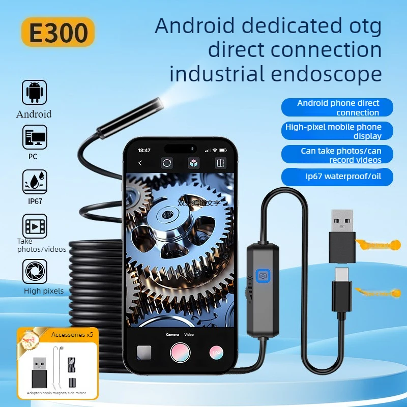 7MM Type C Endoscope Camera IP67 Waterproof 6 LEDs Adjustable USB Android Flexible Inspection Borescope Cameras for Car Repair