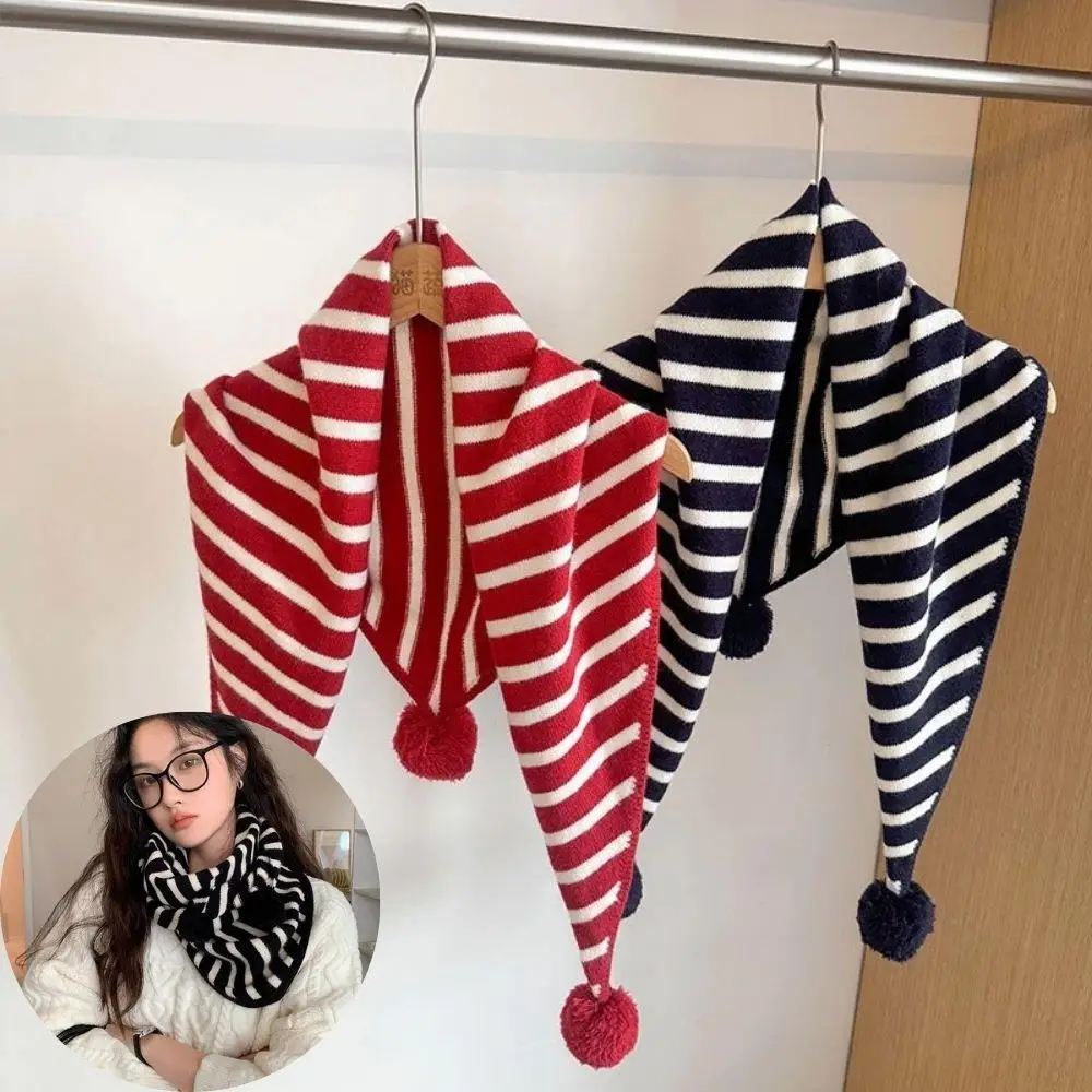 100 % Wolle, abnehmbarer Fell-Bommel-Schal, klassischer britischer gestreifter Dreiecksschal, multifunktionaler gestrickter Wollschal, warmes Kopftuch