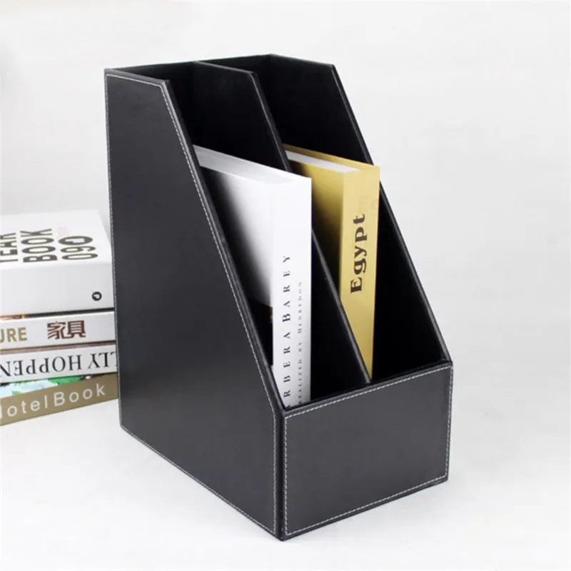 2-grid a4 wooden leather office desktop file book magazine stand rack holder table document filing box organizer brown