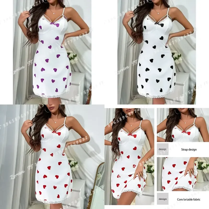 Sexy Lace Women Nightdress Deep V Neck Love Print Lingerie Elegant Hollow Out Sleepwear Knit Dress Homewear Lounge Pajamas
